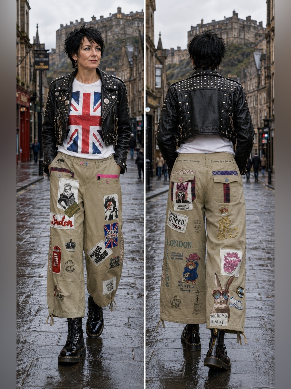 “London calling “ Pants with appliqué and patches